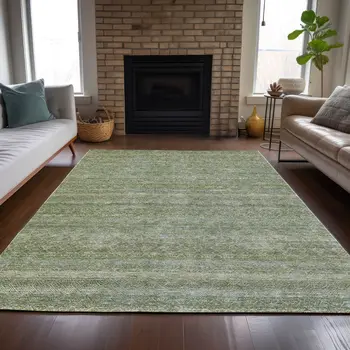 9' X 12' Sage And Ivory Striped Washable Indoor Outdoor Area Rug
