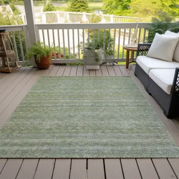 9' X 12' Sage And Ivory Striped Washable Indoor Outdoor Area Rug