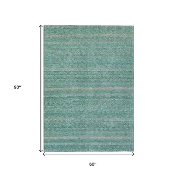 5' X 8' Teal Blue And Beige Striped Washable Indoor Outdoor Area Rug