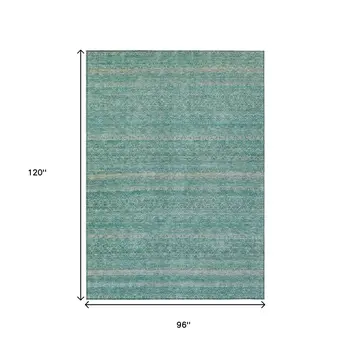 8' X 10' Teal Blue And Beige Striped Washable Indoor Outdoor Area Rug