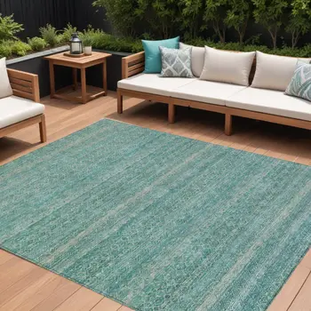 8' X 10' Teal Blue And Beige Striped Washable Indoor Outdoor Area Rug