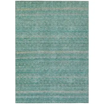 8' X 10' Teal Blue And Beige Striped Washable Indoor Outdoor Area Rug