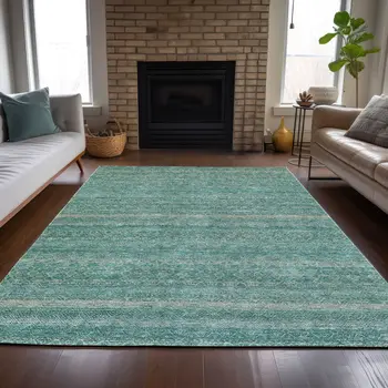 8' X 10' Teal Blue And Beige Striped Washable Indoor Outdoor Area Rug