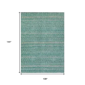 9' X 12' Teal Blue And Beige Striped Washable Indoor Outdoor Area Rug