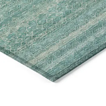 9' X 12' Teal Blue And Beige Striped Washable Indoor Outdoor Area Rug