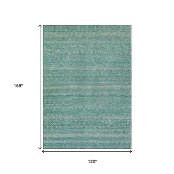 10' X 14' Teal Blue And Beige Striped Washable Indoor Outdoor Area Rug