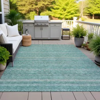 10' X 14' Teal Blue And Beige Striped Washable Indoor Outdoor Area Rug