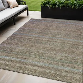 5' X 8' Brown And Denim Blue Striped Washable Indoor Outdoor Area Rug