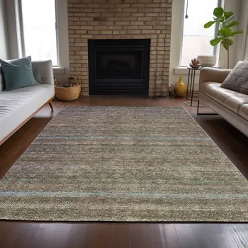 5' X 8' Brown And Denim Blue Striped Washable Indoor Outdoor Area Rug