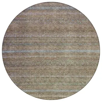 8' Brown And Denim Blue Round Striped Washable Indoor Outdoor Area Rug