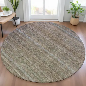 8' Brown And Denim Blue Round Striped Washable Indoor Outdoor Area Rug