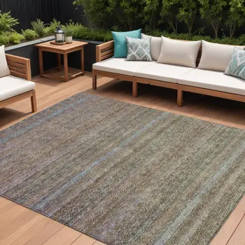 9' X 12' Brown And Denim Blue Striped Washable Indoor Outdoor Area Rug