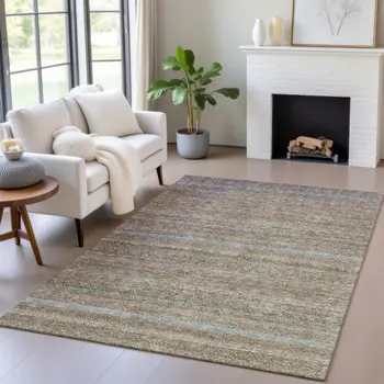 10' X 14' Brown And Denim Blue Striped Washable Indoor Outdoor Area Rug