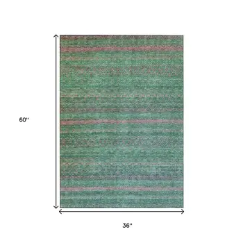 3' X 5' Green And Blush Striped Washable Indoor Outdoor Area Rug