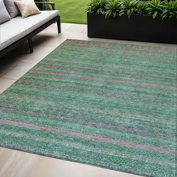 5' X 8' Green And Blush Striped Washable Indoor Outdoor Area Rug