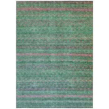 5' X 8' Green And Blush Striped Washable Indoor Outdoor Area Rug