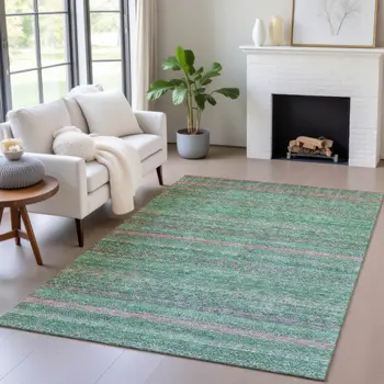 5' X 8' Green And Blush Striped Washable Indoor Outdoor Area Rug