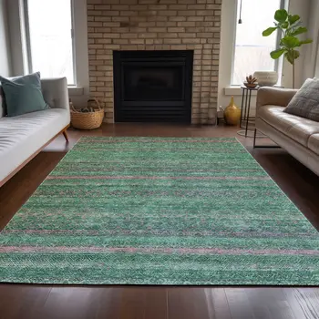 5' X 8' Green And Blush Striped Washable Indoor Outdoor Area Rug
