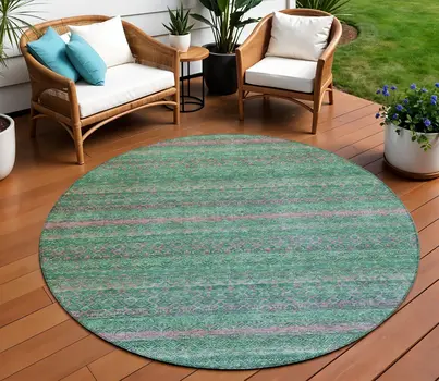 8' Green And Blush Round Striped Washable Indoor Outdoor Area Rug
