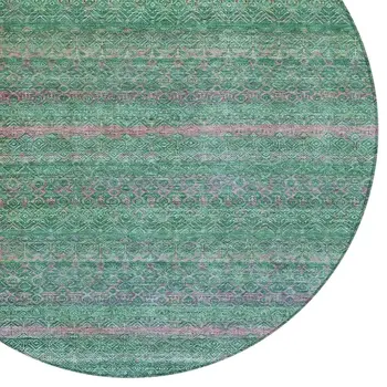 8' Green And Blush Round Striped Washable Indoor Outdoor Area Rug