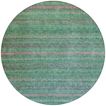 8' Green And Blush Round Striped Washable Indoor Outdoor Area Rug