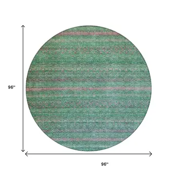 8' Green And Blush Round Striped Washable Indoor Outdoor Area Rug