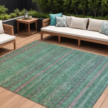 8' X 10' Green And Blush Striped Washable Indoor Outdoor Area Rug