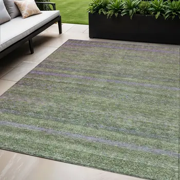 5' X 8' Olive Green And Purple Striped Washable Indoor Outdoor Area Rug