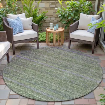 8' Olive Green And Purple Round Striped Washable Indoor Outdoor Area Rug