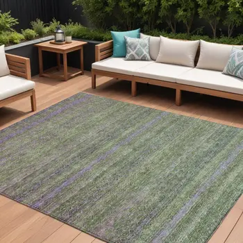 10' X 14' Olive Green And Purple Striped Washable Indoor Outdoor Area Rug