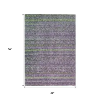 3' X 5' Purple And Lime Green Striped Washable Indoor Outdoor Area Rug
