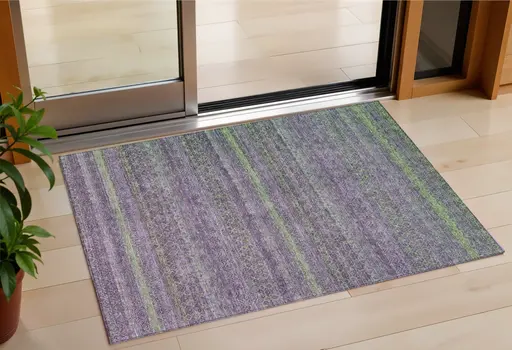 3' X 5' Purple And Lime Green Striped Washable Indoor Outdoor Area Rug