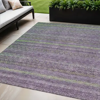 5' X 8' Purple And Lime Green Striped Washable Indoor Outdoor Area Rug