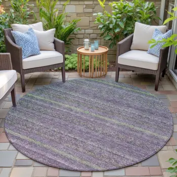 8' Purple And Lime Green Round Striped Washable Indoor Outdoor Area Rug