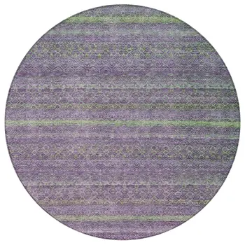 8' Purple And Lime Green Round Striped Washable Indoor Outdoor Area Rug