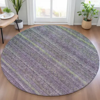 8' Purple And Lime Green Round Striped Washable Indoor Outdoor Area Rug