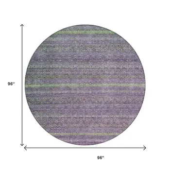 8' Purple And Lime Green Round Striped Washable Indoor Outdoor Area Rug