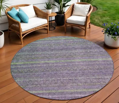 8' Purple And Lime Green Round Striped Washable Indoor Outdoor Area Rug
