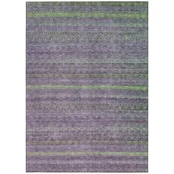 8' X 10' Purple And Lime Green Striped Washable Indoor Outdoor Area Rug