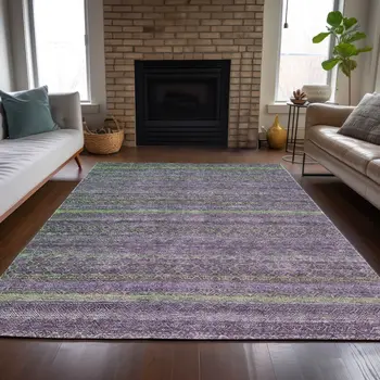 8' X 10' Purple And Lime Green Striped Washable Indoor Outdoor Area Rug