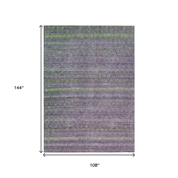 9' X 12' Purple And Lime Green Striped Washable Indoor Outdoor Area Rug