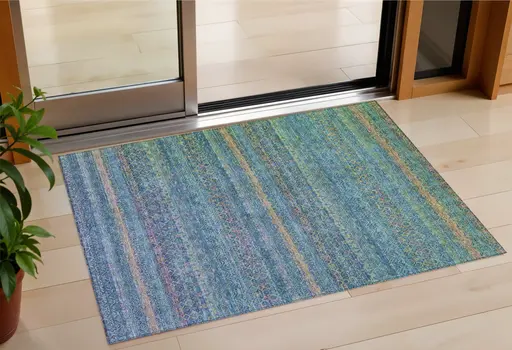 3' X 5' Teal Blue And Copper Striped Washable Indoor Outdoor Area Rug