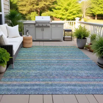 3' X 5' Teal Blue And Copper Striped Washable Indoor Outdoor Area Rug