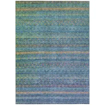 5' X 8' Teal Blue And Copper Striped Washable Indoor Outdoor Area Rug