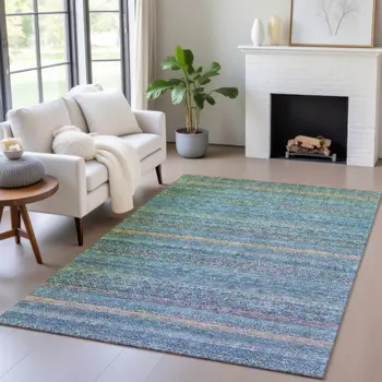 5' X 8' Teal Blue And Copper Striped Washable Indoor Outdoor Area Rug