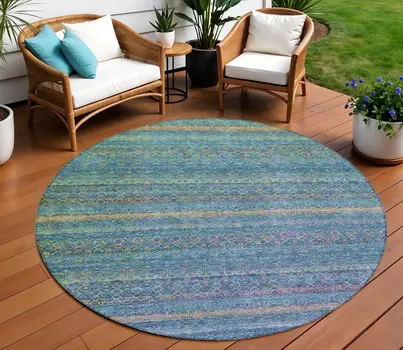8' Teal Blue And Copper Round Striped Washable Indoor Outdoor Area Rug