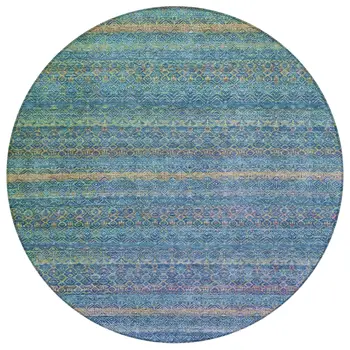 8' Teal Blue And Copper Round Striped Washable Indoor Outdoor Area Rug