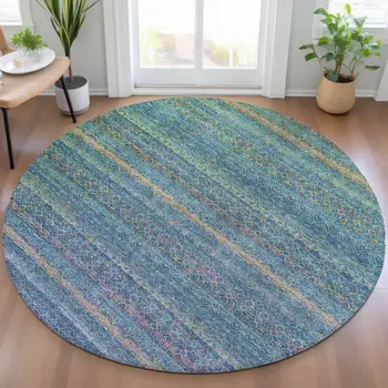 8' Teal Blue And Copper Round Striped Washable Indoor Outdoor Area Rug