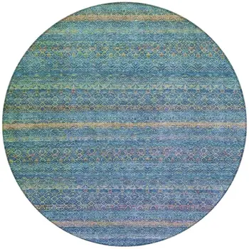 8' Teal Blue And Copper Round Striped Washable Indoor Outdoor Area Rug