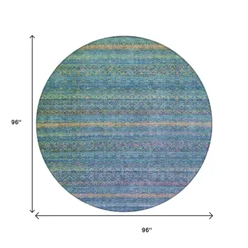 8' Teal Blue And Copper Round Striped Washable Indoor Outdoor Area Rug